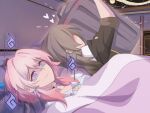  2girls 500_dollar_four_foot_tall_mareep_(meme) black_choker black_jacket blanket blue_hair blush choker collared_shirt commentary crying crying_with_eyes_open czasjb earrings english_commentary grey_hair heart highres honkai:_star_rail honkai_(series) indoors jacket jewelry long_hair lying march_7th_(honkai:_star_rail) meme multiple_girls on_back on_bed pink_hair shirt smile stelle_(honkai:_star_rail) tears trailblazer_(honkai:_star_rail) trash_can twitter_username 