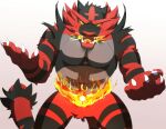 2016 5_fingers absurd_res anthro black_body black_fur claws crotch_tuft fangs fingers fire fur generation_7_pokemon green_eyes hi_res incineroar looking_at_viewer male muscular muscular_anthro nintendo open_mouth pecs pokemon pokemon_(species) ragtouran red_body red_fur red_nose solo stripes teeth tuft yellow_sclera 
