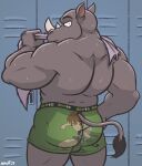  anthro ben_10 cartoon_network clothed clothing hi_res locker_room looking_at_viewer looking_back looking_back_at_viewer male mammal muscular muscular_male nanoff print_clothing print_underwear rear_view rhinoceros solo spandex tight_clothing towel_on_shoulder underwear underwear_only wet 