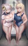  2girls antenna_hair bathroom blonde_hair blue_one-piece_swimsuit blue_sailor_collar blush breasts character_request cleavage closed_mouth clothes_pull copyright_request glasses goat_girl goat_horns highres horns large_breasts long_hair looking_at_viewer multiple_girls nine_(kanine41) one-piece_swimsuit one-piece_swimsuit_pull open_mouth ponytail pulled_by_self round_eyewear sailor_collar see-through short_sleeves sidelocks standing swimsuit wet wet_clothes white_hair white_one-piece_swimsuit yellow_eyes 
