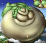  air_inflation anthro balloon belly big_belly big_butt big_tail blue_eyes body_inflation butt cloud detailed detailed_background dragon floating green_body hair hi_res horn huge_butt huge_tail hyper hyper_belly hyper_butt hyper_cheeks hyper_inflation hyper_tail immobile inflatable inflation landscape male oregene oregene_(character) p-balloon puffed_cheeks red_hair scalie solo tail tan_body western_dragon 