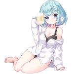  1girl absurdres alcohol bare_shoulders barefoot beer beer_mug black_bra black_panties blue_eyes blue_hair blush bra braid breasts character_request check_character cleavage closed_mouth collarbone collared_shirt cup dress_shirt full_body hair_ornament hairclip hand_up highres holding holding_cup indie_virtual_youtuber large_breasts long_sleeves looking_at_viewer mug multicolored_hair nose_blush off_shoulder panties purple_hair shirt sleeves_past_wrists smile solo streaked_hair transparent_background underwear virtual_youtuber white_shirt yuku_(kiollion) yururi_megu 