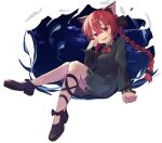  1girl animal_ears ar_(maeus) black_footwear blush bow braid cat_ears dress fang frilled_sleeves frills full_body green_dress hair_bow highres kaenbyou_rin long_hair long_sleeves open_mouth red_bow red_eyes red_hair shoes smile solo touhou twin_braids 