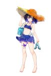  1girl absurdres bag barefoot bikini bikini_skirt blue_bikini blue_eyes blue_hair closed_mouth frilled_bikini frills full_body hat highres holding holding_clothes holding_footwear honkai_(series) honkai_impact_3rd looking_at_viewer navel sandals seele_vollerei short_hair shoulder_bag smile solo standing stomach sun_hat swimsuit tattoo thigh_strap toes tongxiao_jiudao transparent_background 