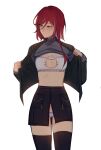  1girl absurdres black_jacket black_skirt black_thighhighs blush bra breasts cat_cutout cleavage clothes_lift clothing_cutout ensemble_stars! genderswap genderswap_(mtf) grey_shirt highres jacket lingerie looking_to_the_side lummy_yummy open_clothes open_jacket panties red_hair sakasaki_natsume shirt shirt_lift short_hair_with_long_locks skirt small_breasts solo thighhighs turtleneck underwear white_background white_bra white_hair white_panties yellow_eyes 