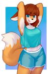  2023 absurd_res anthro black_nose blep blue_eyes bottomwear breasts canid canine clothed clothing color_fox dipstick_tail ears_down female fox fur hair hi_res mammal markings multicolored_body multicolored_fur orange_arms orange_body orange_fur orange_legs orange_tail pivoted_ears shorts solo tail tail_markings tongue tongue_out topwear two_tone_tail 