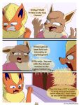  3:4 absurd_res angry anthro blush brown_body brown_eyes brown_fur canid canine comic digital_drawing_(artwork) digital_media_(artwork) duo eevee eeveelution elizabeth_venizee english_text female flamberry_(artist) flareon franklin_flare fur generation_1_pokemon hair hi_res male male/female mammal nintendo open_mouth pokemon pokemon_(species) scared shaking simple_background spying text 