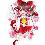  1girl :3 :d bare_shoulders brown_hair chibi commentary_request detached_sleeves f_w_nabe full_body gohei hakurei_reimu highres holding holding_stick long_hair looking_at_viewer open_mouth orb red_eyes simple_background smile solo stick touhou white_background yin_yang yin_yang_orb 