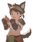  1boy acnhiti animal_ears animal_hands apple blue_eyes brown_fur brown_hair child commentary_request extra_ears facial_tattoo fangs food fruit highres holding holding_food kemonomimi_mode male_child male_focus midriff navel open_mouth original sharp_teeth solo spikes tail tattoo teeth upper_body wolf_boy wolf_ears wolf_tail 
