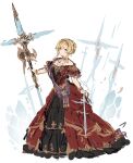  1girl blonde_hair braid character_request copyright_request dress earrings french_braid green_eyes hair_intakes highres holding holding_polearm holding_weapon jewelry long_dress medium_hair necklace polearm red_brooch red_dress shimatani_azu sketch solo weapon 
