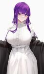  1girl baige0 black_robe blunt_bangs breasts closed_mouth dress fern_(sousou_no_frieren) large_breasts long_hair looking_at_viewer no_panties purple_eyes purple_hair robe see-through see-through_dress solo sousou_no_frieren very_long_hair white_background white_dress 