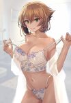  1girl blurry breasts brown_hair commentary depth_of_field earrings green_eyes highres jewelry kantai_collection kasumi_(skchkko) large_breasts lingerie looking_at_viewer mutsu_(kancolle) nail_polish nightgown short_hair skindentation smile tsurime underwear undressing 