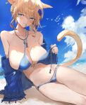  absurdres animal_ears bare_shoulders bikini bikini_pull blonde_hair blue_bikini blue_flower blush breasts cat_ears cat_girl cat_tail cleavage clothes_pull collarbone final_fantasy final_fantasy_xiv flower hair_between_eyes hair_flower hair_ornament highres holding holding_clothes holding_swimsuit jewelry large_breasts leaning_on_self looking_at_viewer lying miqo&#039;te navel necklace shikina_(mochigushi_) swimsuit tail warrior_of_light_(ff14) wet wet_clothes wet_hair 