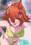  +_+ 1girl absurdres alternate_costume animal_ears arms_behind_back bare_shoulders bikini blurry blurry_background blush breasts cleavage clover_hair_ornament commentary_request daruma_doll ear_covers flipped_hair floral_print four-leaf_clover_hair_ornament green_bikini hair_between_eyes hair_ornament highres horse_ears horse_girl horse_tail leaning_forward looking_at_viewer matikanefukukitaru_(umamusume) medium_breasts nerukichikatafukuma open_mouth orange_eyes orange_hair outdoors pool short_hair side-tie_bikini_bottom single_ear_cover solo swimsuit tail umamusume 