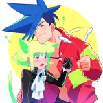  2boys :o animal_ears ascot asymmetrical_hair black_gloves black_jacket blue_hair blush cat_boy cat_ears cat_tail cat_teaser closed_eyes colored_eyelashes firefighter_jacket galo_thymos gloves green_hair half_gloves hand_on_another&#039;s_back head_on_head head_rest height_difference holding jacket kemonomimi_mode lio_fotia male_focus mohawk multiple_boys muscular muscular_male no_shirt ns1123 open_mouth otoko_no_ko promare purple_eyes red_jacket short_hair sidecut sidelocks smile sweatdrop tail undercut white_ascot white_background yaoi 