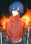  1girl arms_behind_back black_sclera blue_hair city city_lights colored_sclera denim head_tilt highres jacket jeans kagune_(tokyo_ghoul) kenshuusei_(kensuuu0225) kirishima_touka looking_at_viewer medium_hair pants red_eyes red_jacket solo tokyo_ghoul white_stripes zipper zipper_pull_tab 