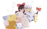  3girls anus black_hair blonde_hair blush bow breasts censored closed_eyes clothed_female_nude_female completely_nude cunnilingus detached_sleeves fff_threesome gap_(touhou) group_sex hair_bow hair_tubes hakurei_reimu hand_on_another&#039;s_thigh hat kirisame_marisa kissing_shoulder long_hair mob_cap multiple_girls navel nejikyuu nipples nude oral pussy pussy_juice simple_background small_breasts tears threesome tongue touhou white_background yakumo_yukari yuri 