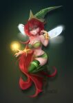 absurdly_long_hair artist_name bare_shoulders betilla_(rayman) breasts cleavage fairy fairy_wings full_body green_eyes green_headwear green_thighhighs green_tube_top half-closed_eyes highres ladystarpanda long_hair medium_breasts midriff navel parted_lips rayman_origins red_hair signature smile sparkle strapless thighhighs tube_top very_long_hair wings 