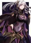  1girl absurdres black_background border breasts bridal_gauntlets cape cleavage covered_navel dark_persona fire_emblem fire_emblem_awakening fire_emblem_cipher fire_emblem_heroes grey_hair grima_(fire_emblem) grin hair_ornament highres large_breasts long_hair looking_at_viewer navel official_alternate_costume red_eyes robin_(female)_(fell_tactician)_(fire_emblem) robin_(female)_(fire_emblem) robin_(fire_emblem) see-through see-through_cleavage smile solo to_(tototo_tk) twintails white_border 