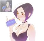  1girl ankh black_eyes black_lips bracelet breasts can choker cleavage commentary drinking english_commentary jewelry large_breasts necklace photo-referenced pinky_out purple_choker purple_hair real_life reference_inset short_hair signature soda_can solo tequilanart upper_body 
