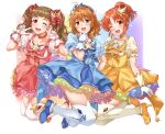  3girls ;d abe_nana absurdres ahoge araki_hina blue_choker blue_dress blunt_bangs blush bow bowtie breasts brooch brown_eyes brown_hair choker collarbone dot_nose dress finger_to_cheek finger_to_own_chin frilled_dress frills full_body gloves gradient_background gradient_dress hair_bow hair_ornament hair_ribbon hand_up hands_up heart high_heels highres idolmaster idolmaster_cinderella_girls idolmaster_cinderella_girls_starlight_stage index_finger_raised jewelry kamiya_nao long_hair looking_at_viewer magical_girl medium_breasts multicolored_background multiple_girls one_eye_closed open_mouth ponytail red_bow red_bowtie red_choker red_dress red_eyes red_ribbon ribbon short_hair short_sleeves shy simple_background sirurabbit smile star_(symbol) star_brooch star_hair_ornament sweatdrop thick_eyebrows thighhighs tiara twintails wavy_mouth white_background white_gloves white_thighhighs wing_hair_ornament yellow_choker yellow_dress 
