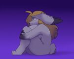  2023 angel_fellweather anthro big_breasts black_nose blonde_hair breasts dipstick_ears female fur gloves_(marking) grey_body grey_fur hair huge_breasts lagomorph leporid mammal markings multicolored_ears nude rabbit robertge sad side_view simple_background sitting solo tail 