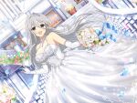  1girl armpits balcony banister bare_shoulders blue_ribbon blush bouquet bow breasts bride candelabra candle candlestand center_frills cleavage dress eiffel_tower elbow_gloves falling_petals fire flame floral_print flower flower_wreath frills gekkou_(senran_kagura) gloves green_eyes grey_hair hair_between_eyes holding holding_bouquet indoors jewelry lace lace-trimmed_dress lace-trimmed_gloves lace_trim large_breasts leaf long_hair looking_at_viewer official_alternate_costume official_art open_mouth painting_(object) pendant petals picture_frame pink_flower pink_rose plant potted_plant ribbon rose see-through_cleavage senran_kagura senran_kagura_new_link shiny_skin smile solo stairs standing tareme tiara waist_bow wedding wedding_dress white_bow white_dress white_flower white_gloves white_rose yaegashi_nan yellow_flower yellow_rose 