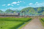  artist_name blue_sky bush cloud commentary_request day east_japan_railway_company field forest grass hill house mountain mugumo_24k nature no_humans original outdoors overhead_line power_lines road scenery signature sky tochigi_prefecture train transmission_tower utility_pole village 