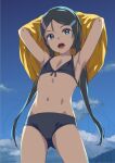  1girl armpits arms_up bikini black_bikini black_hair blue_eyes blue_sky cloud commentary_request cowboy_shot day flat_chest hair_ornament hairclip long_hair looking_at_viewer low_twintails navel open_mouth original outdoors shirt sky sody solo swimsuit twintails undressing very_long_hair yellow_shirt 