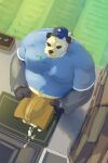  2023 anthro belly big_belly black_body black_nose bodily_fluids bulge clothing cum delivery_(commerce) delivery_employee detailed_background flowamai generation_6_pokemon genital_fluids genital_outline hat headgear headwear hi_res leaf male moobs nintendo overweight overweight_male pangoro penis_outline pokemon pokemon_(species) shirt solo topwear white_body 