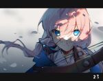  1girl aiming aiming_at_viewer arknights blood blood_on_face blue_eyes blue_jacket blue_poison_(arknights) closed_mouth collared_shirt crossbow cuts dailybloopy falling_petals floating_hair hair_between_eyes holding holding_crossbow holding_weapon hood hooded_jacket injury jacket letterboxed long_hair looking_at_viewer low_twintails petals pink_hair shirt solo twintails upper_body weapon white_shirt 
