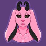  anthro black_horn black_sclera breasts cleavage clothed clothing curved_horn digital_media_(artwork) eyelashes eyeshadow female fur hair hi_res horn hybrid lagomorph leporid lips lipstick long_ears looking_at_viewer makeup mammal pink_body pink_fur pink_hair pink_nose pupils rabbit shaded shawnstar simple_background solo solo_focus star_pupils symbol-shaped_pupils thick_lips unusual_pupils yellow_eyes 