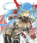  1girl armor azur_lane blue_hair bodystocking breasts claw_pose covered_navel cross dragon_girl dragon_horns dragon_tail dragon_wings garter_straps gloves hair_between_eyes horns iron_cross large_breasts latex latex_legwear long_hair looking_at_viewer marker_(medium) mechanical_horns mezashi_gohan navel open_mouth pauldrons pointy_ears regensburg_(azur_lane) see-through shoulder_armor signature simple_background slit_pupils smile solo spikes tail traditional_media twintails white_background wings yellow_eyes 