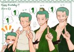  1 1boy =_= age_progression aged_down aged_up green_hair happy_birthday highres index_finger_raised japanese_clothes kimono male_focus mature_male old old_man one_piece ornate_border ree_(r0603013847900) roronoa_zoro scar scar_across_eye short_hair upper_body v-shaped_eyebrows wrinkled_skin 
