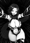  1girl arm_strap armpits artist_name brassica breasts center_opening cleavage commission cowboy_shot detached_sleeves greyscale indie_virtual_youtuber large_breasts leotard monochrome navel nipples orca_tsukii short_eyebrows short_hair solo tail thick_eyelashes thighhighs tongue tongue_out torn_clothes torn_leotard torn_thighhighs virtual_youtuber 