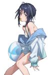 1girl arknights ball bare_shoulders beachball bikini black_eyes black_hair breasts closed_mouth feet_out_of_frame hair_ornament hairclip highres invisible_chair jacket ken_rqll la_pluma_(arknights) la_pluma_(summer_flowers)_(arknights) looking_at_viewer medium_hair mouth_hold off_shoulder simple_background sitting small_breasts solo swimsuit whistle white_background white_bikini white_jacket 