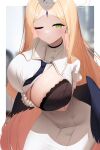  absurdres ayumu_(blue_archive) black_bra black_wings blonde_hair blue_archive bra breasts dress forehead_jewel gloves green_eyes halo highres huge_breasts long_hair looking_at_viewer nicorima one_breast_out one_eye_closed taut_clothes underwear very_long_hair white_gloves wings 