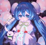  &gt;_&lt; 1girl animal balloon black_background blue_eyes blue_hair blue_hairband blue_trim bow bowtie capelet chinese_commentary collar collared_vest commentary dress eyelashes flower fur_scarf green_bow green_bowtie green_collar hair_bun hair_flower hair_ornament hairband hatsune_miku highres holding holding_flower light_blush lily_of_the_valley long_hair long_sleeves looking_at_viewer mittens open_mouth own_hands_together rabbit rabbit_yukine scarf sleeves_past_wrists snowflake_print snowflakes snowing solo teeth treble_clef twintails upper_body upper_teeth_only vest vocaloid white_capelet white_dress white_flower white_mittens white_scarf white_vest wide_sleeves xing_bi yuki_miku yuki_miku_(2015) 