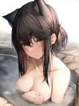  1girl absurdres animal_ear_fluff animal_ears arknights bathing black_hair blush breasts cleavage closed_mouth collarbone commentary_request extra_ears hair_between_eyes highres looking_at_viewer nude onsen orange_eyes partially_submerged sidelocks solo tab_head texas_(arknights) water wet wolf_ears wolf_girl 