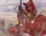  2020 akita anthro armor armwear ashpond black_nose boots breasts canid canine canis claws cleaning_weapon clothed clothing crouching detailed_background digital_media_(artwork) domestic_dog ear_piercing facial_scar female finger_claws footwear front_view gloves gun handwear holding_object holding_weapon mammal nose_scar notched_ear panties partially_clothed pauldron phoenyx_(zotz) piercing post-apocalyptic ranged_weapon red_eyes rifle scar scope shoulder_pads sniper_rifle solo spiked_shoulder_pads spikes spitz underwear weapon 