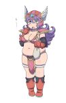  1girl absurdres armor belly bikini_armor black_sleeves black_socks blue_eyes blush_stickers boots breasts cleavage detached_sleeves dragon_quest dragon_quest_iii eating eyelashes fat full_body gloves hair_between_eyes hand_up helmet highres holding holding_sack knee_boots kneehighs light_purple_hair loincloth long_hair long_sleeves medium_breasts navel no_pupils open_mouth pauldrons pink_armor pink_headwear powerhamuhamu red_footwear red_gloves sack shoulder_armor simple_background skindentation socks soldier_(dq3) solo standing white_background winged_helmet 
