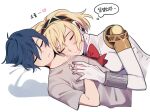  1boy 1girl aegis_(persona) android black_hairband blonde_hair blue_hair bow bowtie closed_eyes closed_mouth elulit2 gold_trim grey_shirt hairband heart holding_hands korean_text lying lying_on_person persona persona_3 red_bow red_bowtie shirt short_hair short_sleeves sleeping thought_bubble translation_request yuuki_makoto 