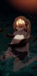 1girl black_feathers black_skirt blonde_hair blurry crying dark_background depth_of_field expressionless feathers gradient_hair highres hoshino_ruby long_hair looking_at_viewer multicolored_hair one_side_up oshi_no_ko pleated_skirt red_eyes red_hair shallow_water shirt_tucked_in side_ponytail sidelocks sitting skirt solo star-shaped_pupils star_(symbol) streaming_tears sweater swept_bangs symbol-shaped_pupils tears turtleneck turtleneck_sweater valkyrierei wariza water white_sweater 
