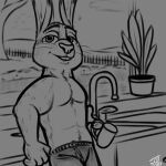  1:1 anthro beverage clothed clothing coffee crossgender disney hi_res judy_hopps kitchen lagomorph landscape leporid male mammal monochrome muscular muscular_male plant rabbit sink solo tangerine_(artist) text topless whiskers zootopia 