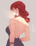  1girl back backless_dress backless_outfit braid dress elliemaplefox highres long_hair looking_back mole mole_under_mouth muscular muscular_female original red_eyes red_hair solo 