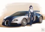  1girl artist_name belt black_belt black_hair blue_eyes blue_hair blue_jacket breasts bugatti bugatti_veyron car collared_shirt colored_inner_hair hair_behind_ear haow high_heels highres hololive hololive_english jacket jacket_on_shoulders looking_at_viewer medium_breasts motor_vehicle multicolored_hair ouro_kronii shirt shirt_tucked_in short_hair smile solo sports_car vehicle_focus virtual_youtuber white_footwear white_shirt 