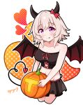  1girl :p absurdres bare_shoulders black_hairband black_skirt blush bow breasts brown_hair cleavage closed_mouth collarbone commentary_request cropped_legs curren_chan_(umamusume) demon_girl demon_horns demon_tail demon_wings food goom_(goomyparty) groin hair_between_eyes hairband halloween heart highres holding holding_food holding_pumpkin holding_vegetable horns jack-o&#039;-lantern medium_breasts midriff navel pleated_skirt polka_dot polka_dot_background pumpkin purple_eyes red_bow red_wings simple_background skirt smile solo strapless tail tongue tongue_out umamusume vegetable white_background wings 