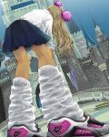  1girl bent_over blonde_hair blue_skirt castle disneyland from_below gyaru hairband highres kneepits kogal konnyakutarooou legs_apart loose_socks mickey_mouse_ears miniskirt multicolored_footwear nike original pleated_skirt purple_hairband real_world_location school_uniform shirt shoes skirt sleeves_rolled_up socks solo standing tan wavy_hair white_shirt white_socks 