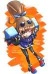  1girl backpack bag brown_hair eyewear_on_head full_body gloves green_eyes heart highres long_hair long_legs looking_at_viewer mayashtale one_eye_closed pantyhose ponytail precis_neumann robot skirt smile solo star_ocean star_ocean_the_second_story torn_clothes torn_pantyhose v 