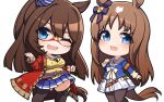  2girls animal_ears belt black_thighhighs blue_eyes blue_shirt blue_skirt blush brown_hair chibi coat domino_mask ear_ribbon el_condor_pasa_(umamusume) grass_wonder_(umamusume) hand_on_own_chest horse_ears horse_girl horse_tail light_brown_hair long_hair long_sleeves looking_at_viewer mask multiple_girls no_nose one_eye_closed open_clothes open_coat open_mouth pantyhose pleated_skirt red_coat sailor_collar shirt skirt tail thighhighs thighs umamusume warashi white_sailor_collar white_skirt yellow_shirt 